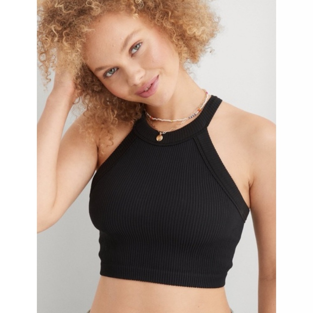 Aerie Black Ribbed High Neck Sports Bra Cropped